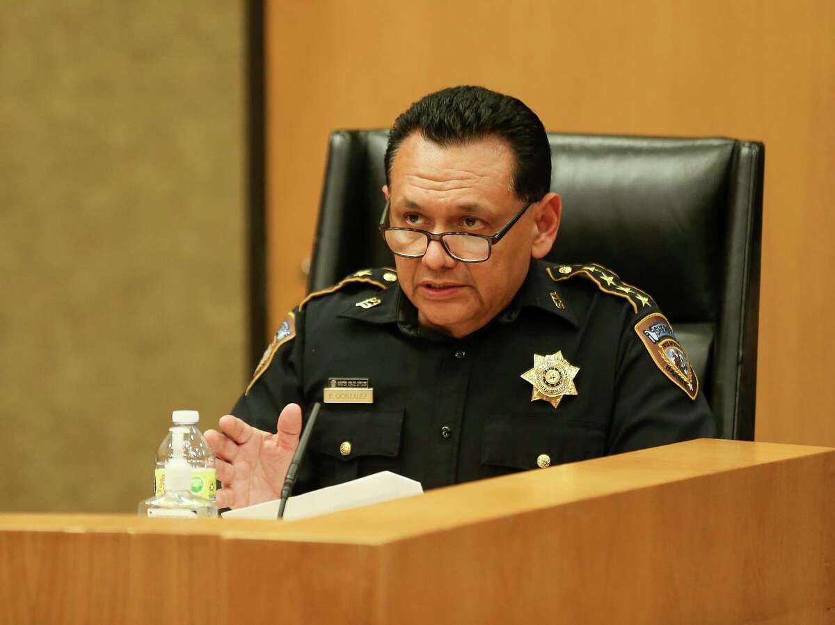 Harris County Sheriff Ed Gonzalez reads from a report on bail bond compliance in the county since the 10 percent rule was enacted, at the Harris County Administration Building Commissioner’s Courtroom on Wednesday, May 11, 2022, in Houston.