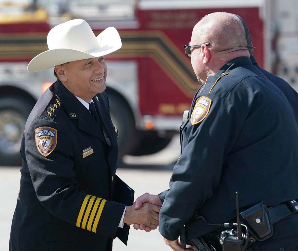 Harris County Sheriff Ed Gonzalez greets others at the funeral for HSCO Deputy Darren Almendarez at the Humble First Assembly of God, 1915 FM 1960 Bypass Road, Friday, April 8, 2022, in Humble. He was fatally shot March 31.