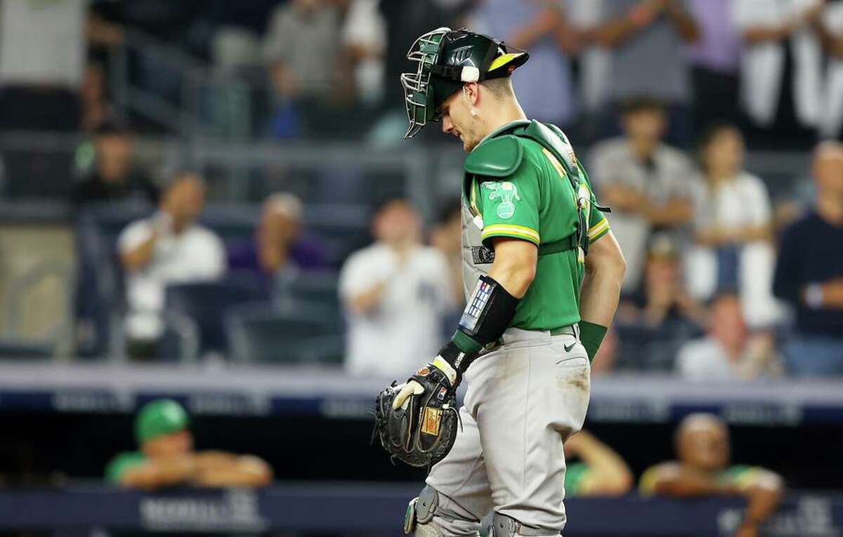 The A’s Sean Murphy was called for catcher interference twice in the seventh inning, prolonging a New York Yankees rally. nterference with the base loaded to score a run in the seventh inning against the New York Yankees at Yankee Stadium on June 27, 2022 in New York City. (Photo by Mike Stobe/Getty Images)