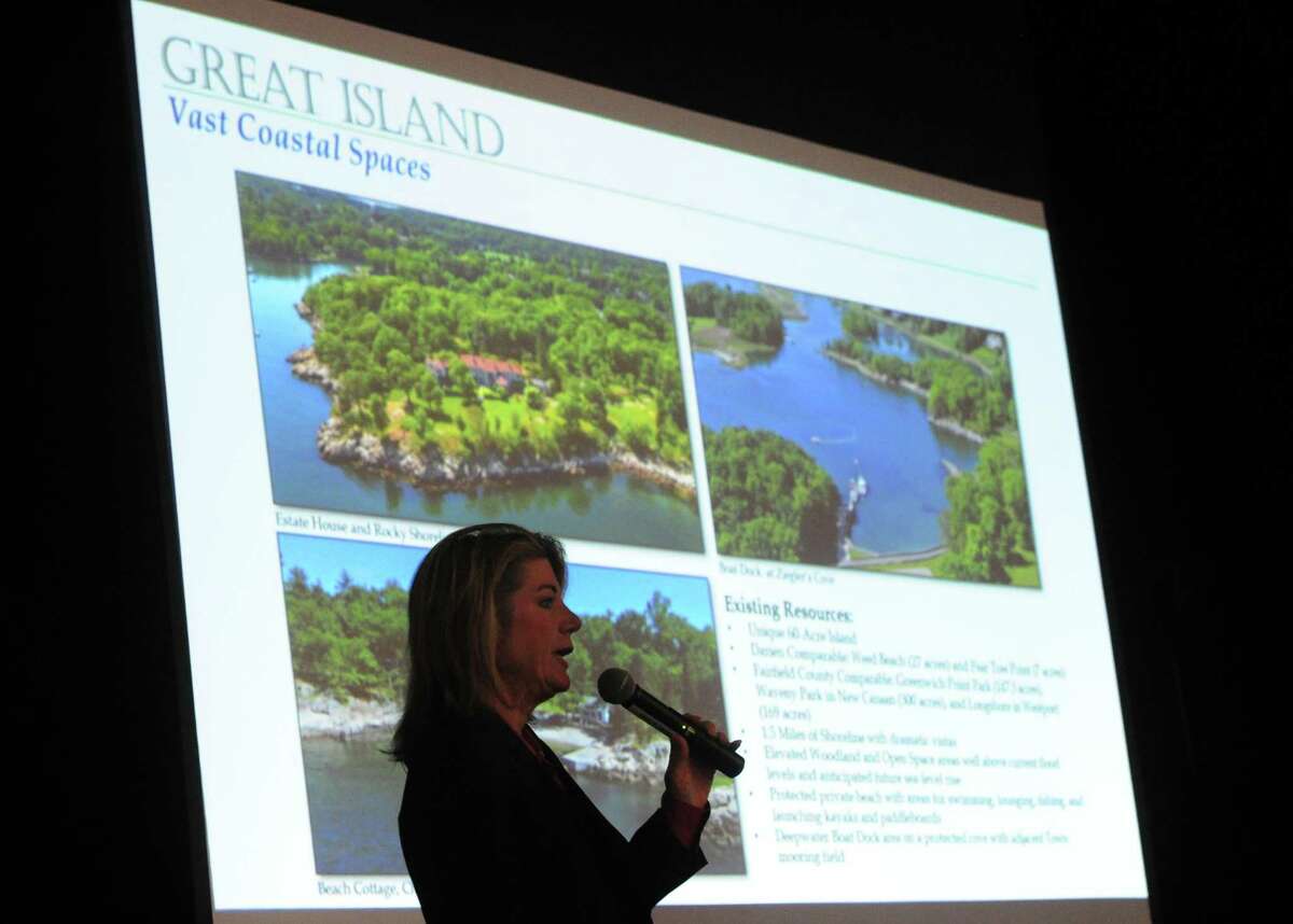 The Darien First Selectman Monica McNally speaks during the Darien Board of Selectmen's informational session on the proposed purchase of Great Island at Darien Town Hall in Darien, Conn., on Thurssday June 9, 2022. Many members of the public asked questions and had a lot of comments on the purchase of the 60-acre estate.