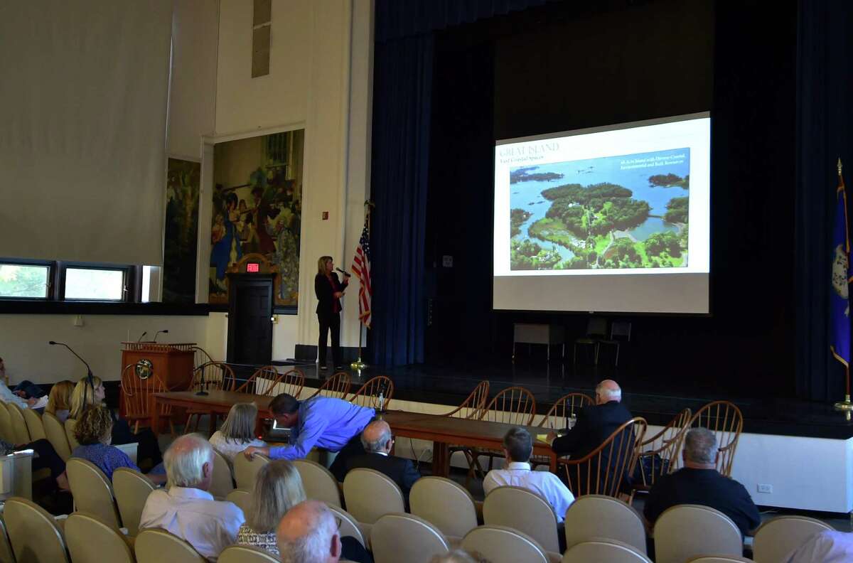 The Darien First Selectman Monica McNally speaks during the Darien Board of Selectmen's informational session on the proposed purchase of Great Island at Darien Town Hall in Darien, Conn., on Thurssday June 9, 2022. Many members of the public asked questions and had a lot of comments on the purchase of the 60-acre estate.