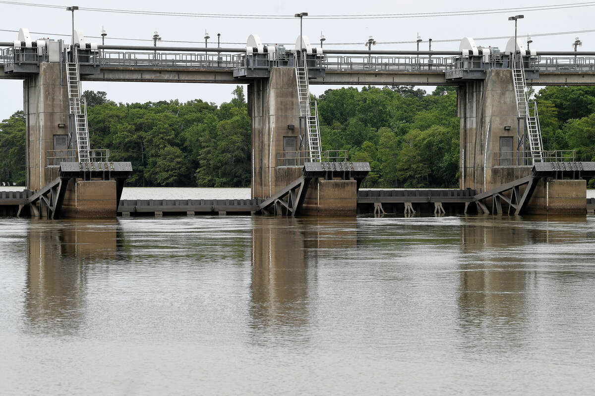 As drought conditions persist throughout the region, a water line indicates lower river levels at the Neches Saltwater Barrier. Photo made Monday, June 27, 2022. Kim Brent/The Enterprise