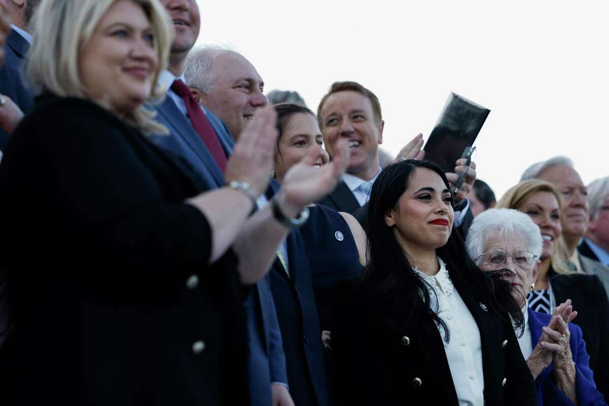 U.S. Rep. Mayra Flores (R-TX) is applauded by House Republicans at a news conference after being sworn in at the Capitol Building on June 21, 2022 in Washington, DC. Flores was elected to fill the seat held by Democratic Rep. Filemon Vela, who resigned from office in March. She is the first Mexican-born woman elected to Congress.
