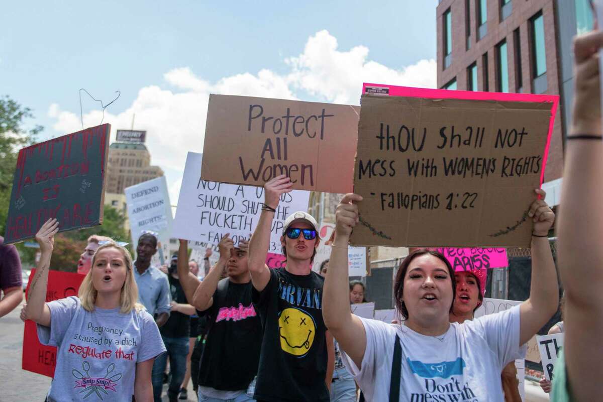 A large group of pro-abortion protesters march during a “Bans Off Our Bodies” rally at the Bexar County Courthouse in San Antonio on June 26.
