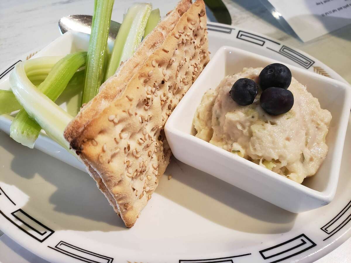 Smoked Fish Dip with celery and sesame wasa crackers from the snack menu at the Good News Restaurant in Woodbury.