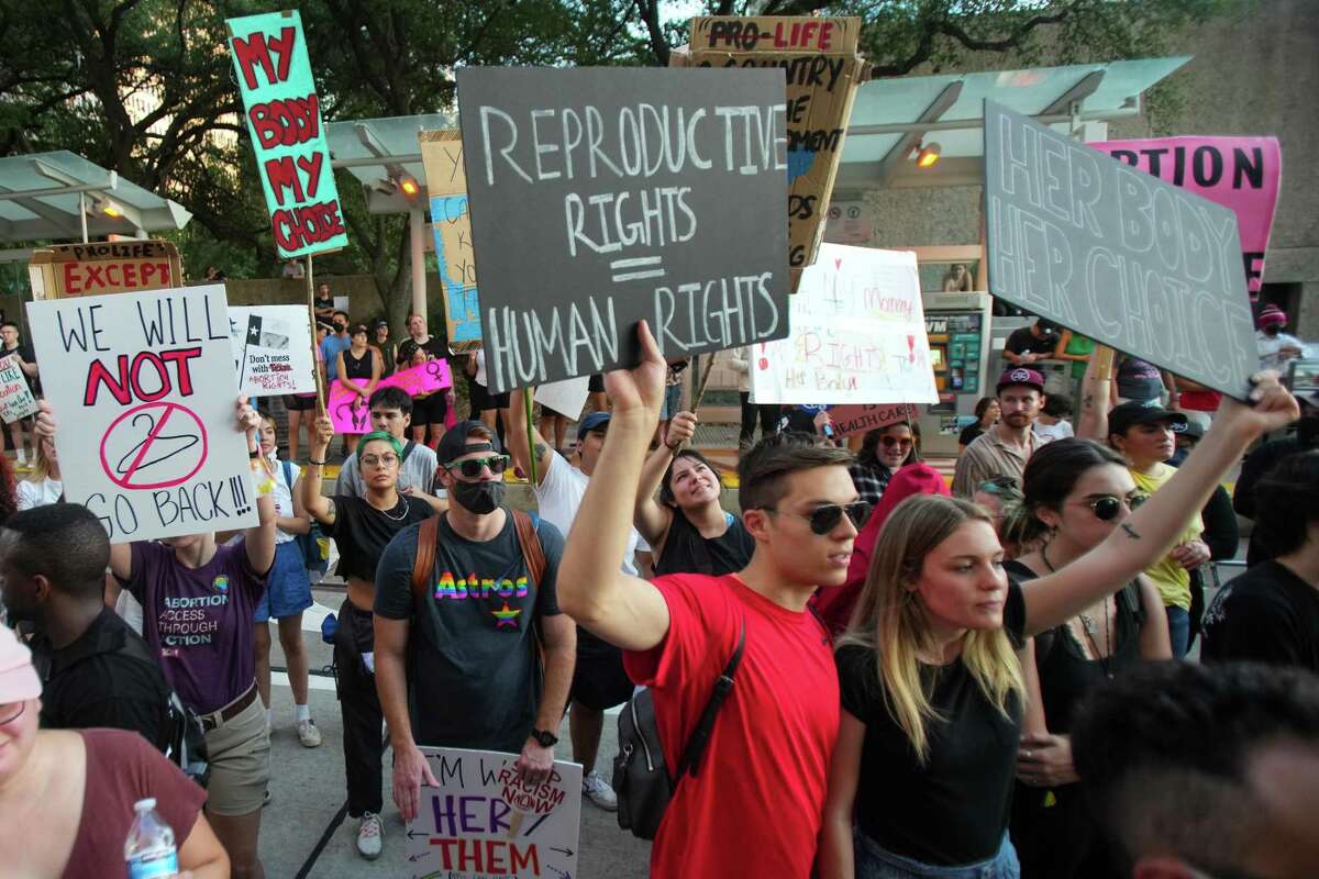 Abortion-rights demonstrators protest outside the Bob Casey Federal Courthouse Friday, June, 24, 2022, in Houston, after the Supreme Court overturned Roe vs. Wade that guaranteed women’s constitutional right to an abortion.