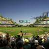 This rendering provided by the Oakland Athletics and Bjarke Ingels Group shows an interior view of the ballclub's proposed new ballpark at Howard Terminal in Oakland, Calif. (Courtesy of BIG - Bjarke Ingels Group/Oakland Athletics via AP, File)