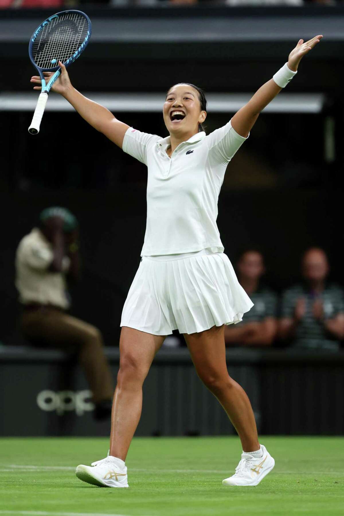 LONDON, ENGLAND - JUNE 28: Harmony Tan of France celebrates after winning match point against Serena Williams of The United States during their Women's Singles First Round Match on day two of The Championships Wimbledon 2022 at All England Lawn Tennis and Croquet Club on June 28, 2022 in London, England. (Photo by Clive Brunskill/Getty Images)