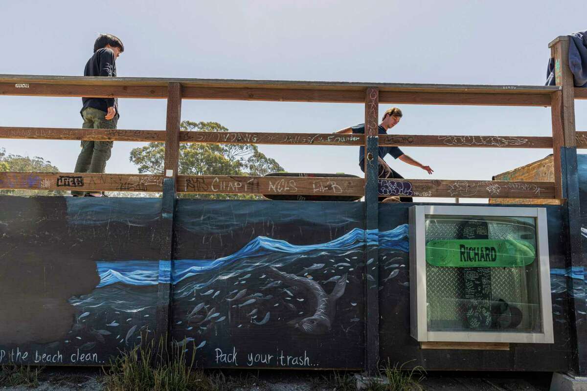 A memorial for Richard Moss on a skate ramp in El Granada.