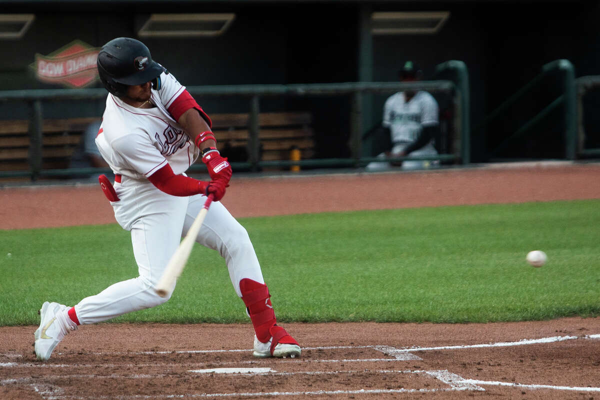 Great Lakes Loons outfielder Ismael Alcantara swings on a pitch during a game against the Dayton Dragons Tuesday, June 28, 2022 at Dow Diamond.