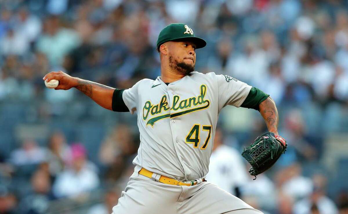 Oakland Athletics starting pitcher Frankie Montas throws to a New York Yankees batter during the first inning of a baseball game Tuesday, June 28, 2022, in New York. (AP Photo/Noah K. Murray)
