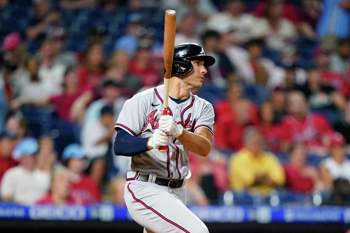 Atlanta first baseman Matt Olson watches after hitting a go-ahead home run against the Phillies during the eighth inning in Philadelphia. It was the second time this season that Olson hit two homers in a game.