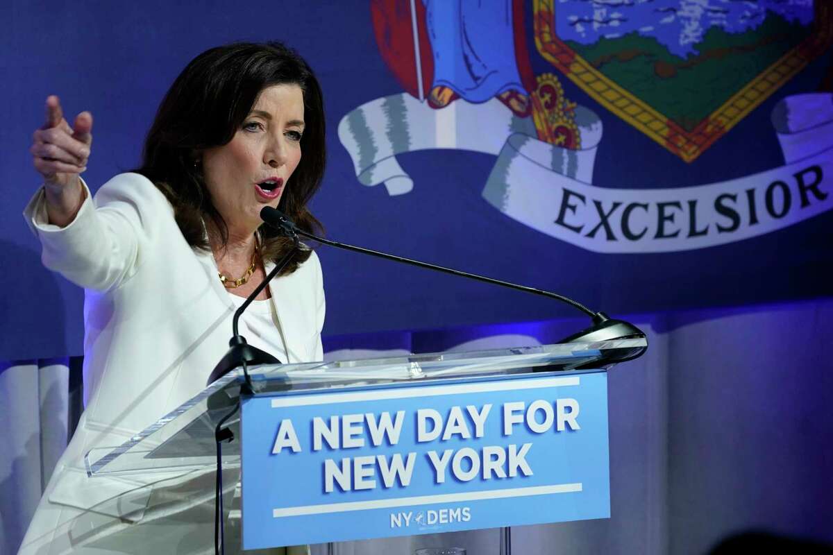 New York Gov. Kathy Hochul speaks during her primary election night party, Tuesday, June 28, 2022, in New York. (AP Photo/Mary Altaffer) On Tuesday, Hochul announced an additional $25 million in funding for state abortion clinics. 