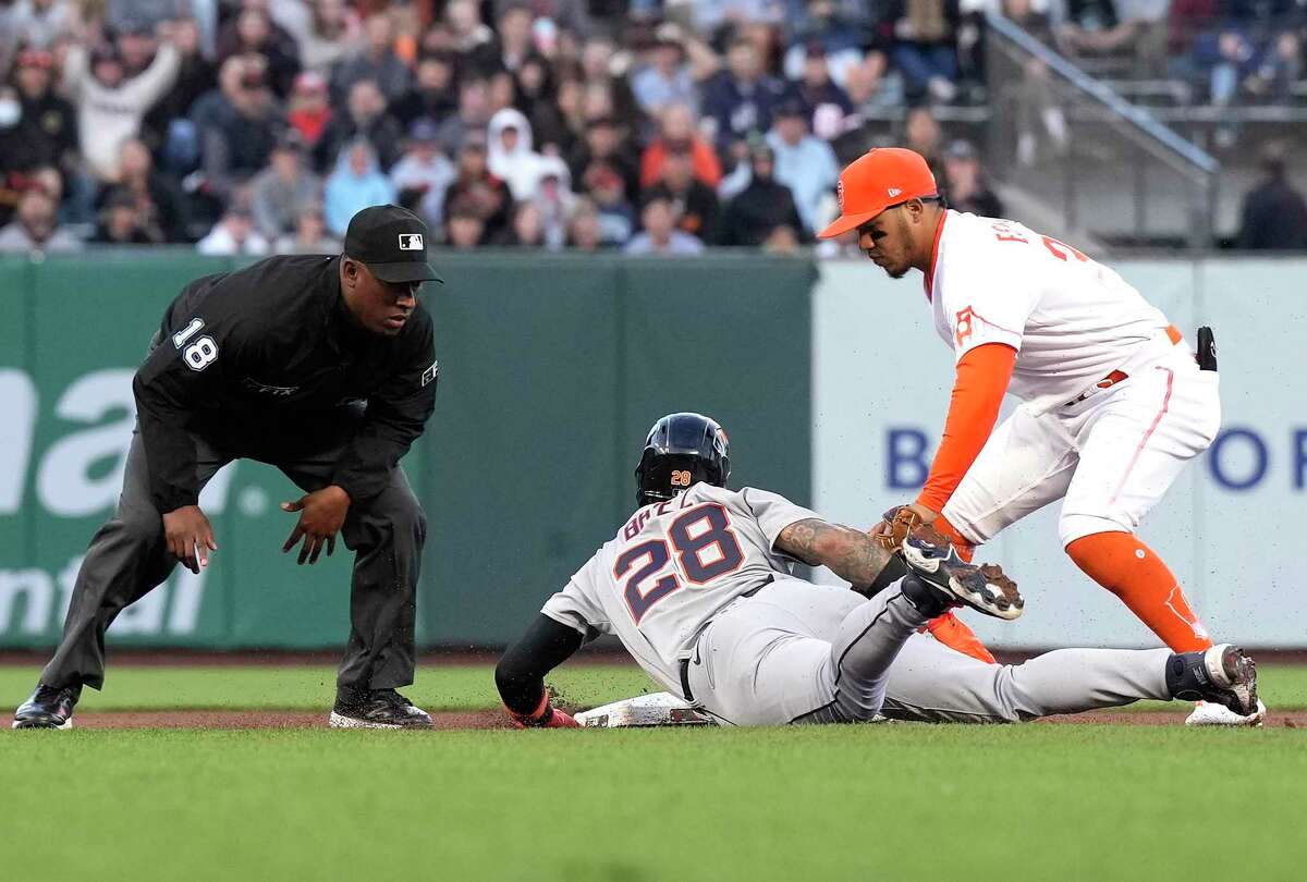 SAN FRANCISCO, CALIFORNIA - JUNE 28: Javier Baez #28 of the Detroit Tigers is tagged out at second base by Thairo Estrada #39 of the San Francisco Giants in the top of the fourth inning at Oracle Park on June 28, 2022 in San Francisco, California. (Photo by Thearon W. Henderson/Getty Images)