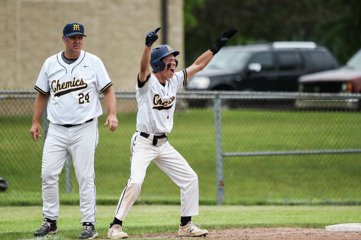 Midland High's Ty Smith celebrates during a June 8, 2022 regional semifinal against Traverse City Central.