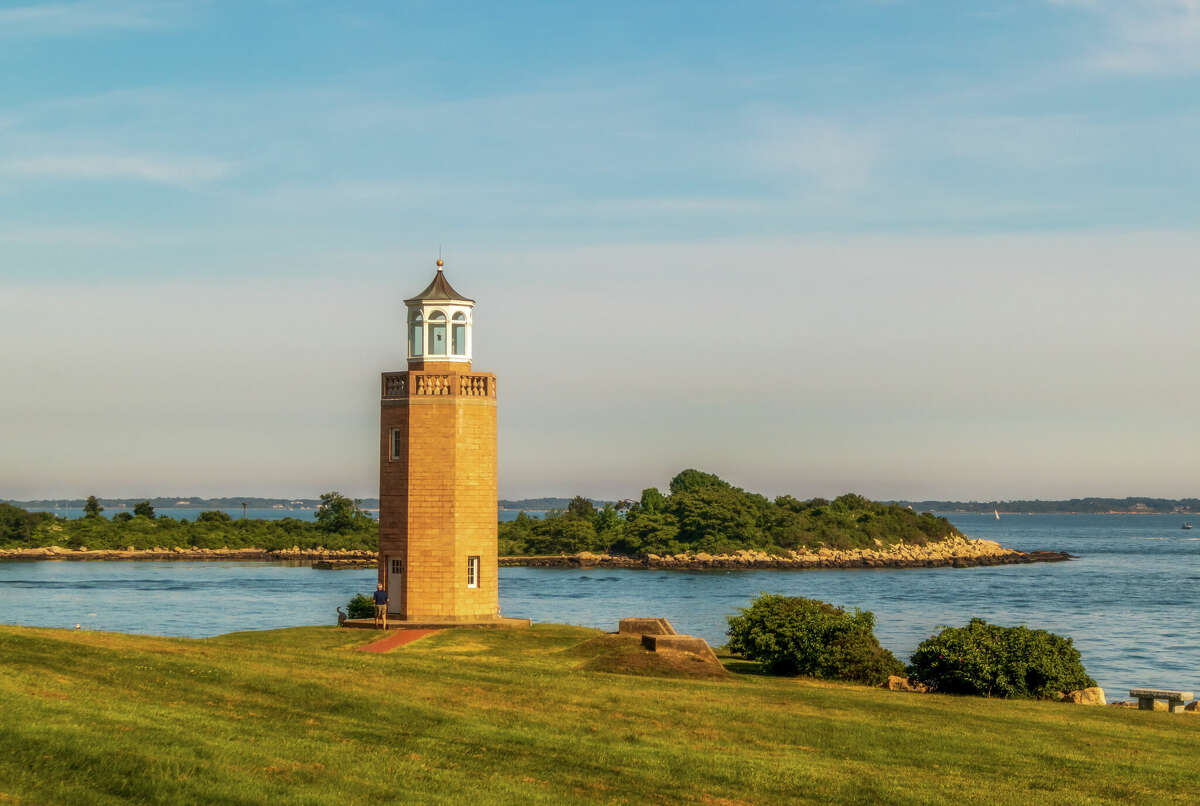 The Avery Point Lighthouse in Groton, Connecticut, on sunset