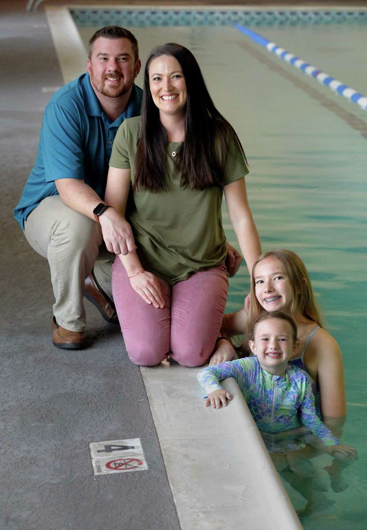 Top: The McCrakin family — Phillip, from left, Heather, Kendal and Kimber — attemd a swim therapy session for Kimber. Above: at the Texas Sports Medicine Center Wednesday, May 25, 2022 in Tomball, TX.