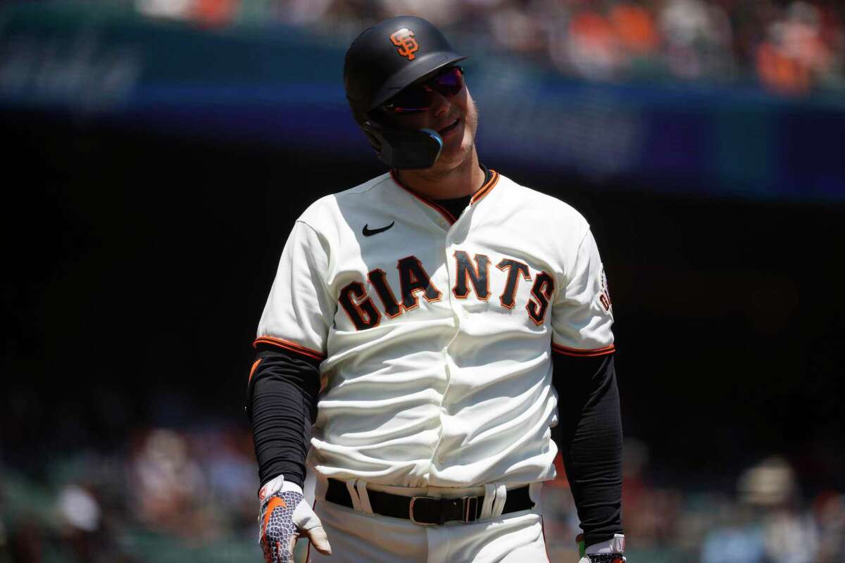 San Francisco Giants’ Joc Pederson reacts to a strike call during the first inning of a MLB baseball game against Detroit Tigers in San Francisco, Calif. Wednesday, June 29, 2022.