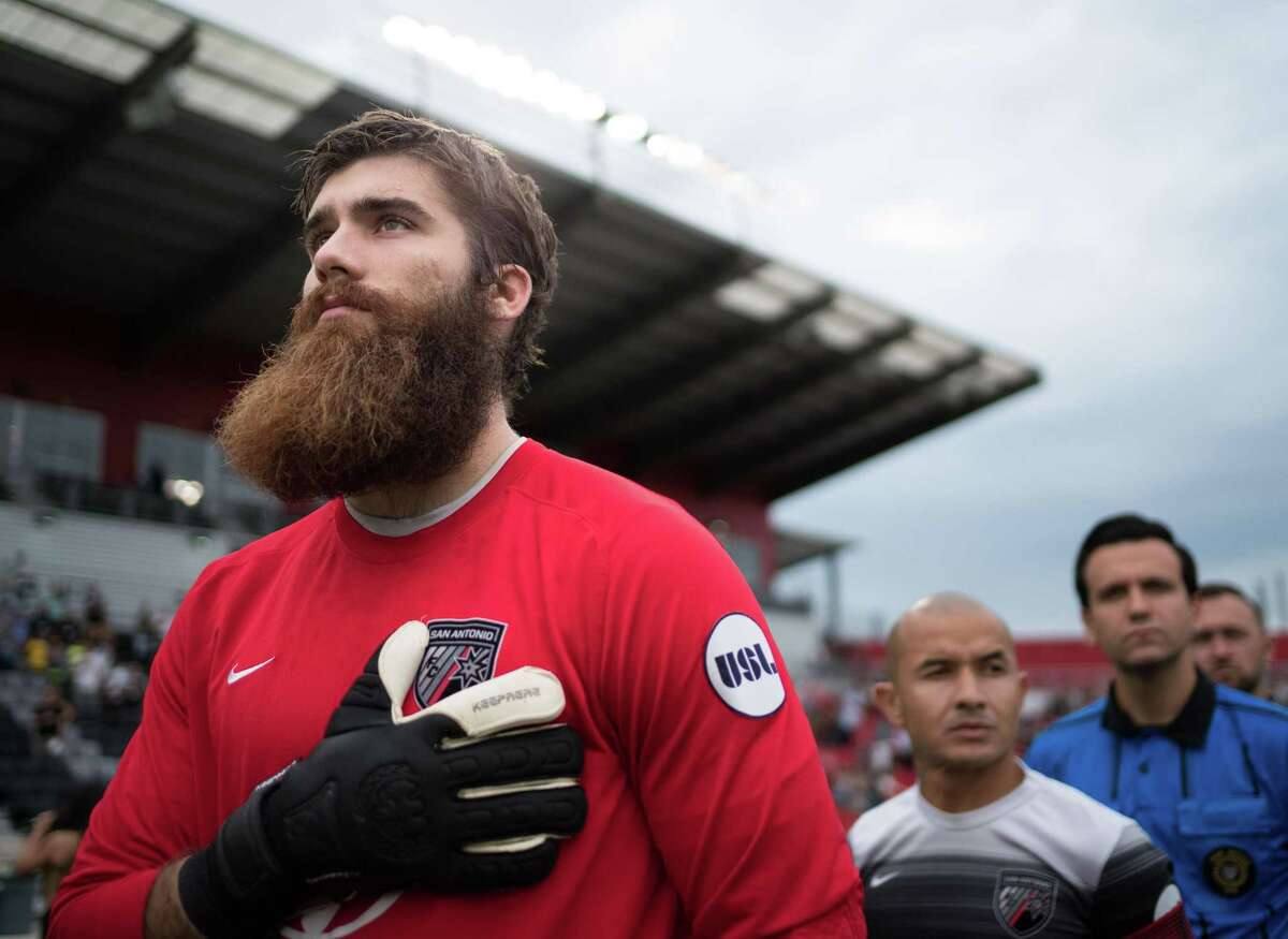 San Antonio FC goalkeeper Matt Cardone stands with his club during the national anthem before a 2016 USL match at Toyota Field in San Antonio.