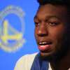 James Wiseman, Warriors Summer League player, answers questions in the interview room at Chase Center on Wednesday, June 29, 2022 in San Francisco, Calif.