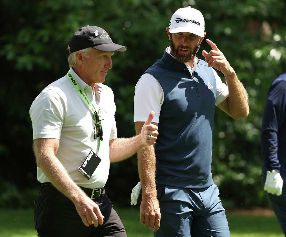 Greg Norman (left) lured Dustin Johnson to LIV Golf, but the top 15 players in the world rankings are absent from the tour.