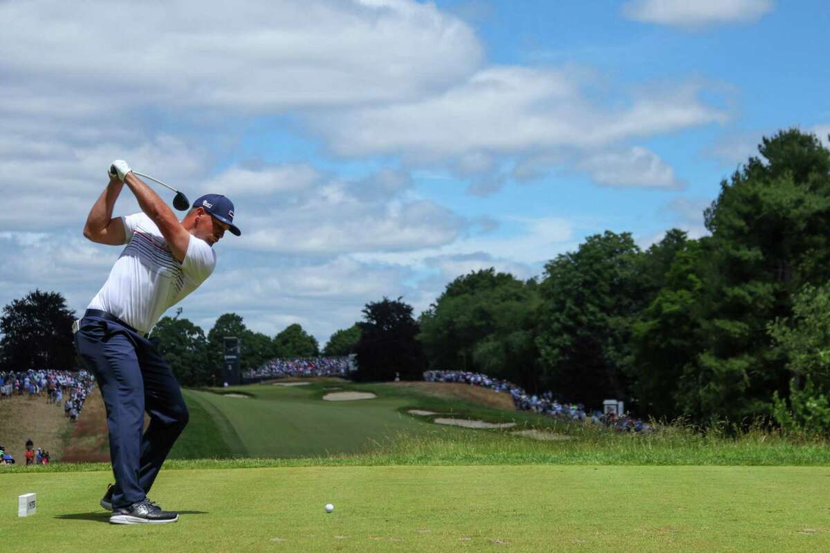 BROOKLINE, MASSACHUSETTS - JUNE 18: Bryson DeChambeau of the United States plays his shot from the fifth tee during the third round of the 122nd U.S. Open Championship at The Country Club on June 18, 2022 in Brookline, Massachusetts. (Photo by Andrew Redington/Getty Images)