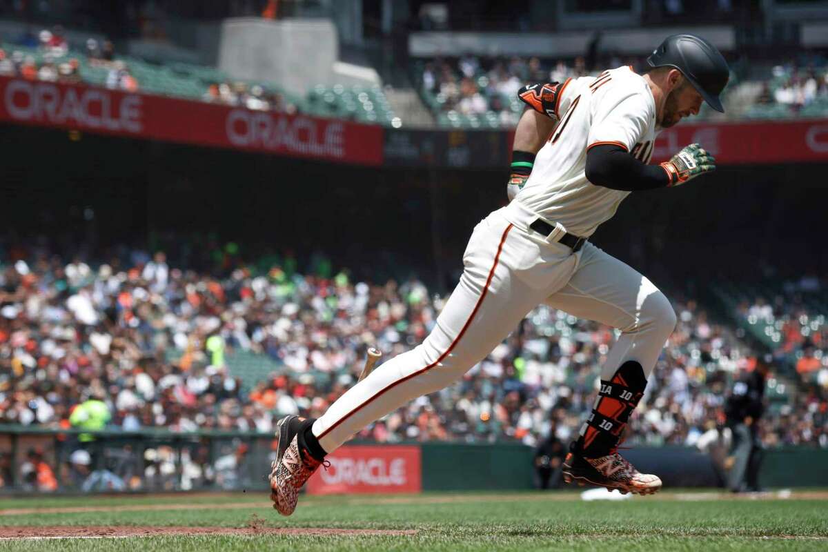 San Francisco Giants’ Evan Longoria runs towards first base during the third inning of a MLB baseball game against the Detroit Tigers in San Francisco, Calif. Wednesday, June 29, 2022.