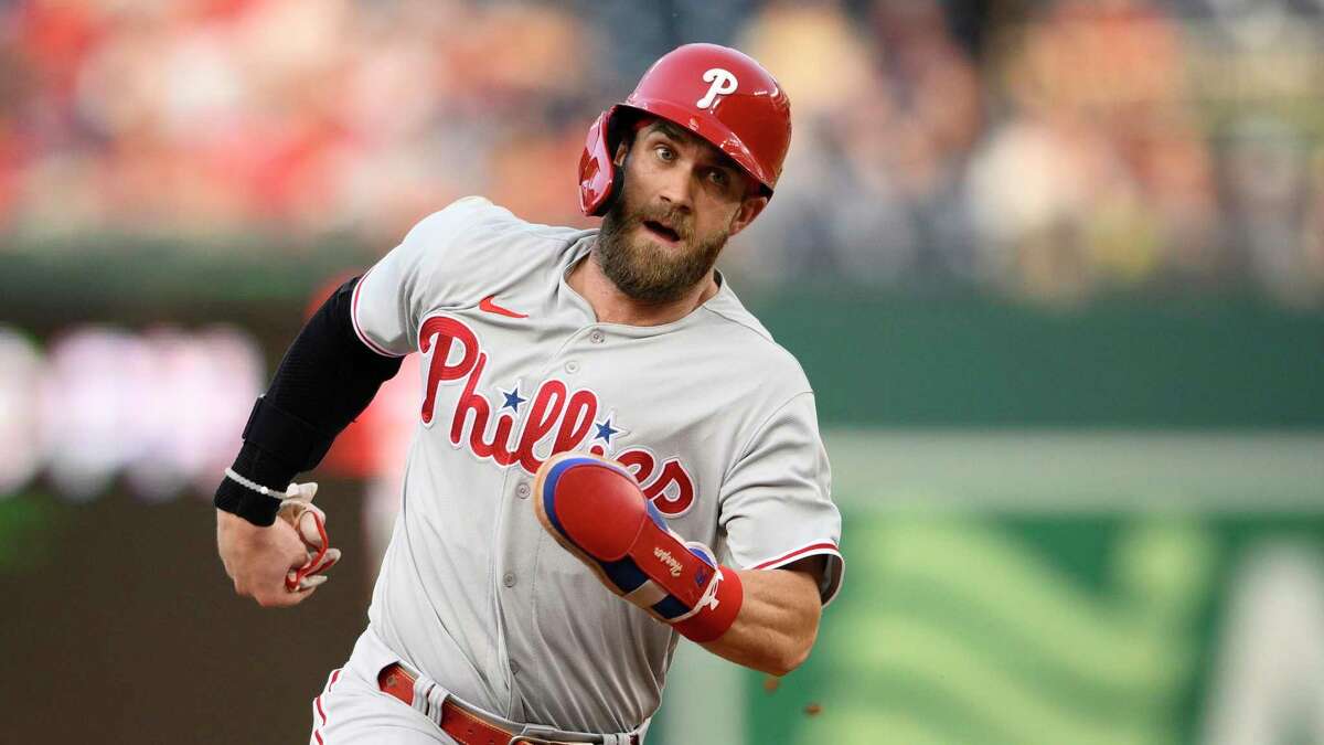 Philadelphia Phillies' Bryce Harper in action during a baseball game against the Washington Nationals, Thursday, June 16, 2022, in Washington. (AP Photo/Nick Wass)