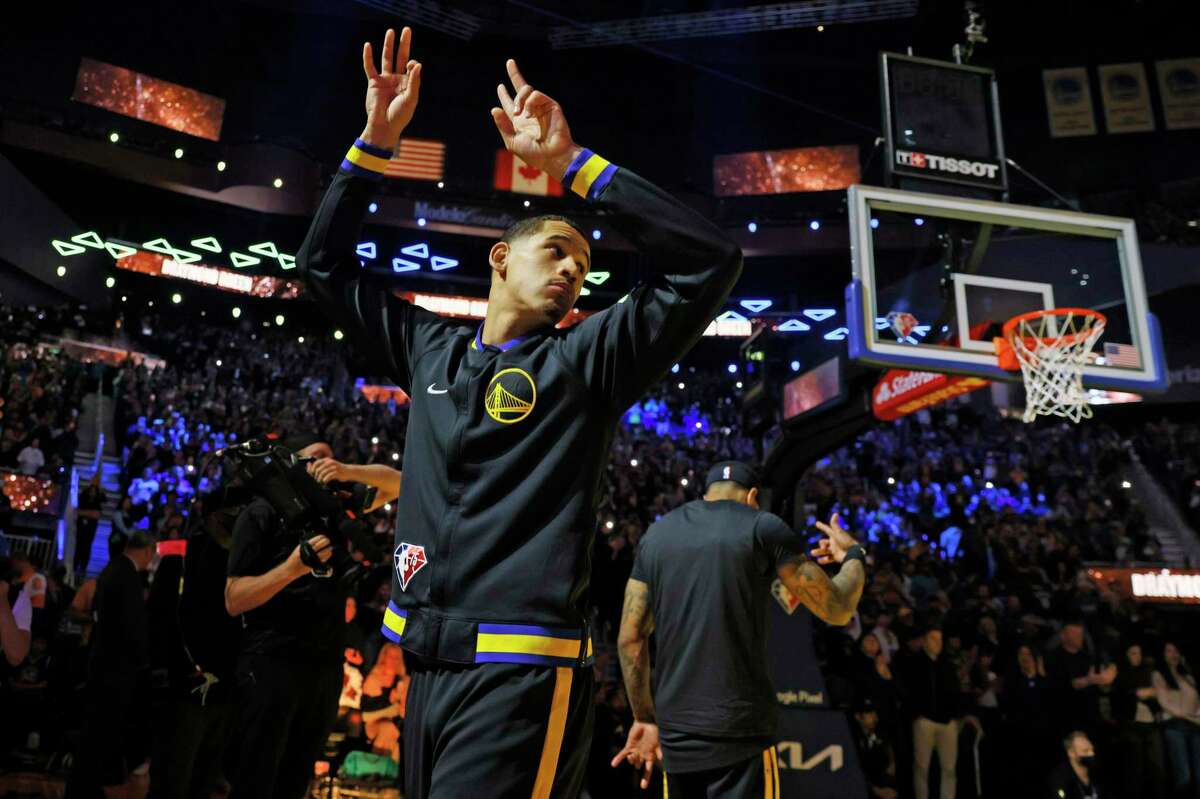 Golden State Warriors forward Juan Toscano-Anderson (95) during player introductions for Game 1 of the NBA first-round playoff series against the Denver Nuggets at Chase Center, Saturday, April 16, 2022, in San Francisco, Calif.