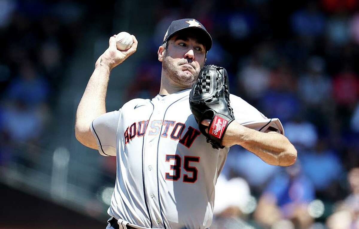 Houston’s Justin Verlander pitched eight shutout innings to become the first 10-game winner in the majors this season.