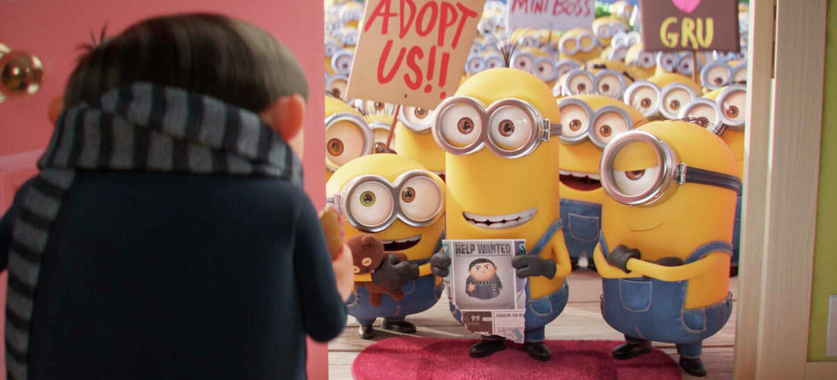 Gru (from left, voiced by Steve Carell), Bob, Kevin and Stuart share a scene in "Minions: The Rise of Gru."