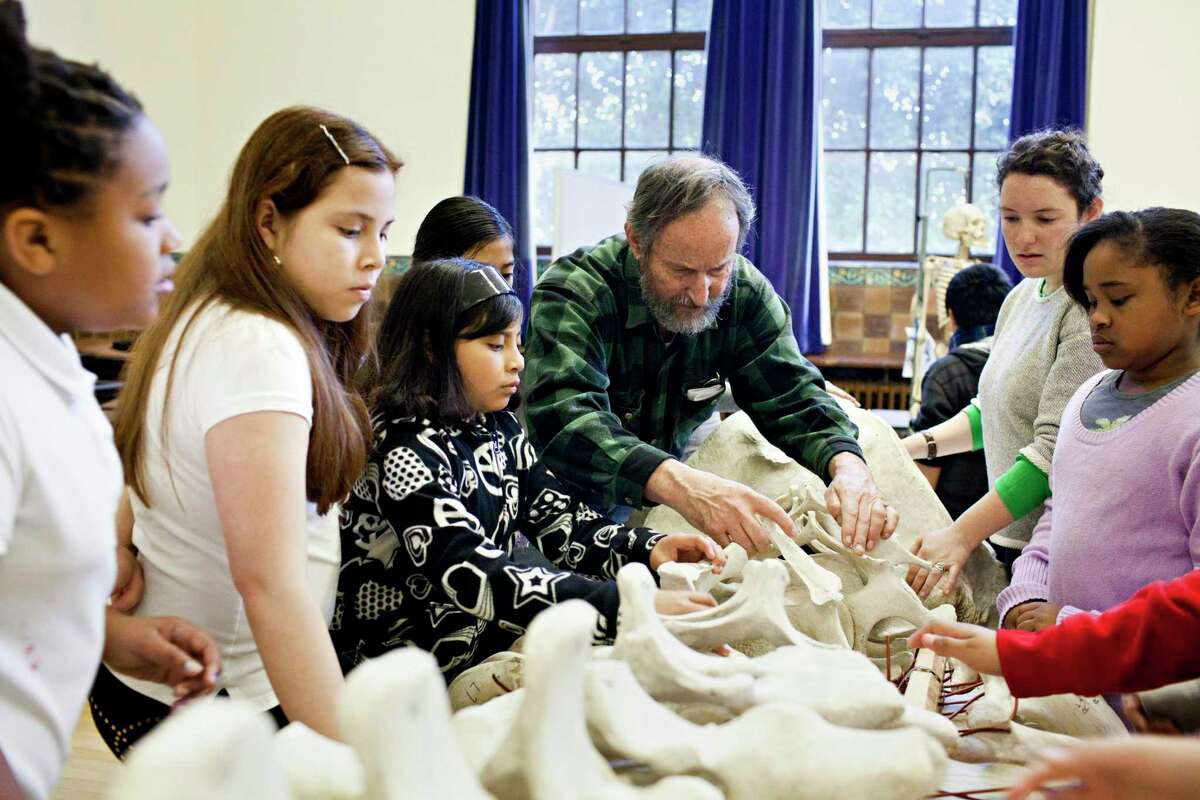 Dan Sudran, director of the Mission Science Workshop, teaches fifth-graders at John Muir Elementary School about the skeletal structure of the gray whale by reassembling the real skeleton.