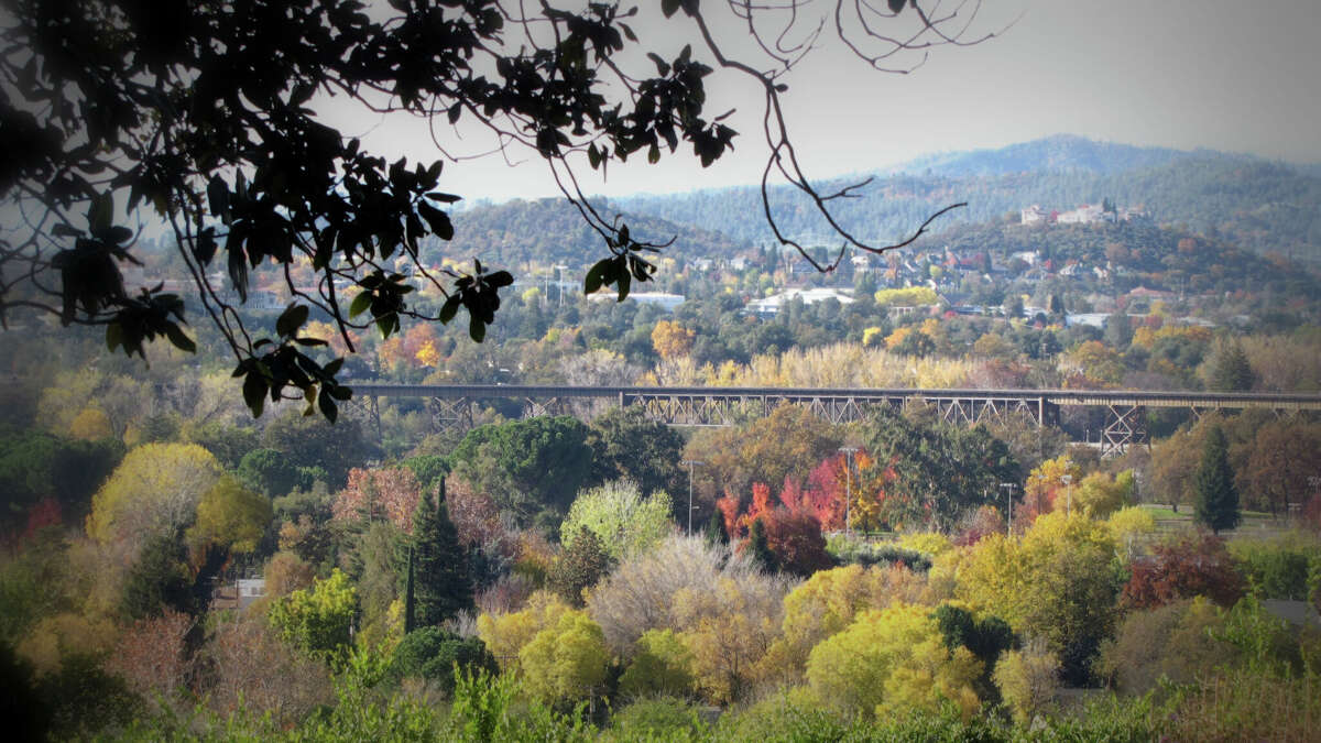 The Union Pacific train trestle crosses the Sacramento River in Redding.