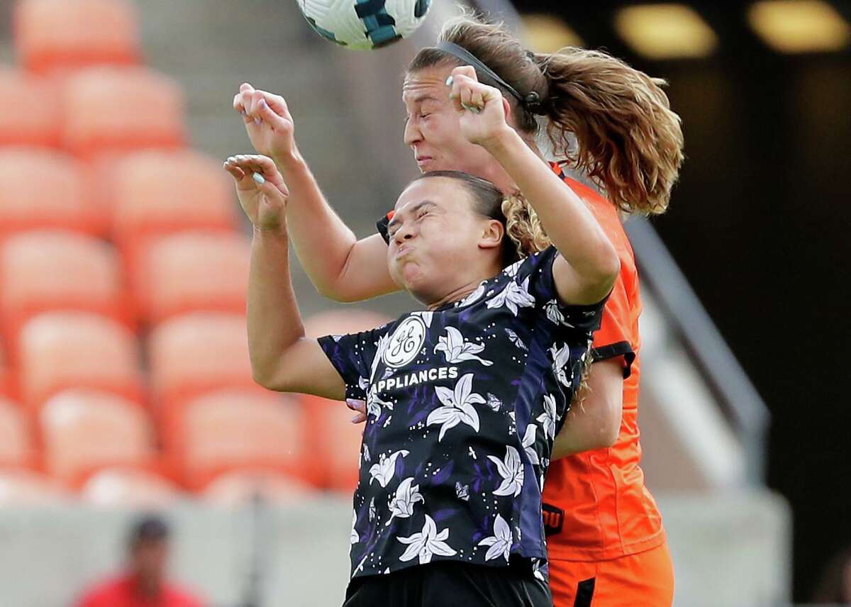 Forward Ebony Salmon, front, was at PNC Stadium earlier this season competing for Racing Louisville FC against defender Katie Naughton and the Dynamo in a Challenge Cup game. On Friday, Salmon returns for her Houston debut against FC Kansas City.
