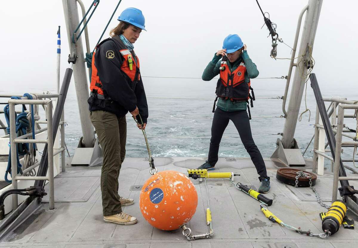科学家Anastasia Kunz(左)和Lindsey Peavey Reeves在国家海洋和大气管理局在莫罗湾海岸的研究之旅中，在海带森林中部署水听器设备之前准备就绪。这些研究是在拟议的海上风电场建设之前进行的，目的是研究可能受到影响的野生动物。