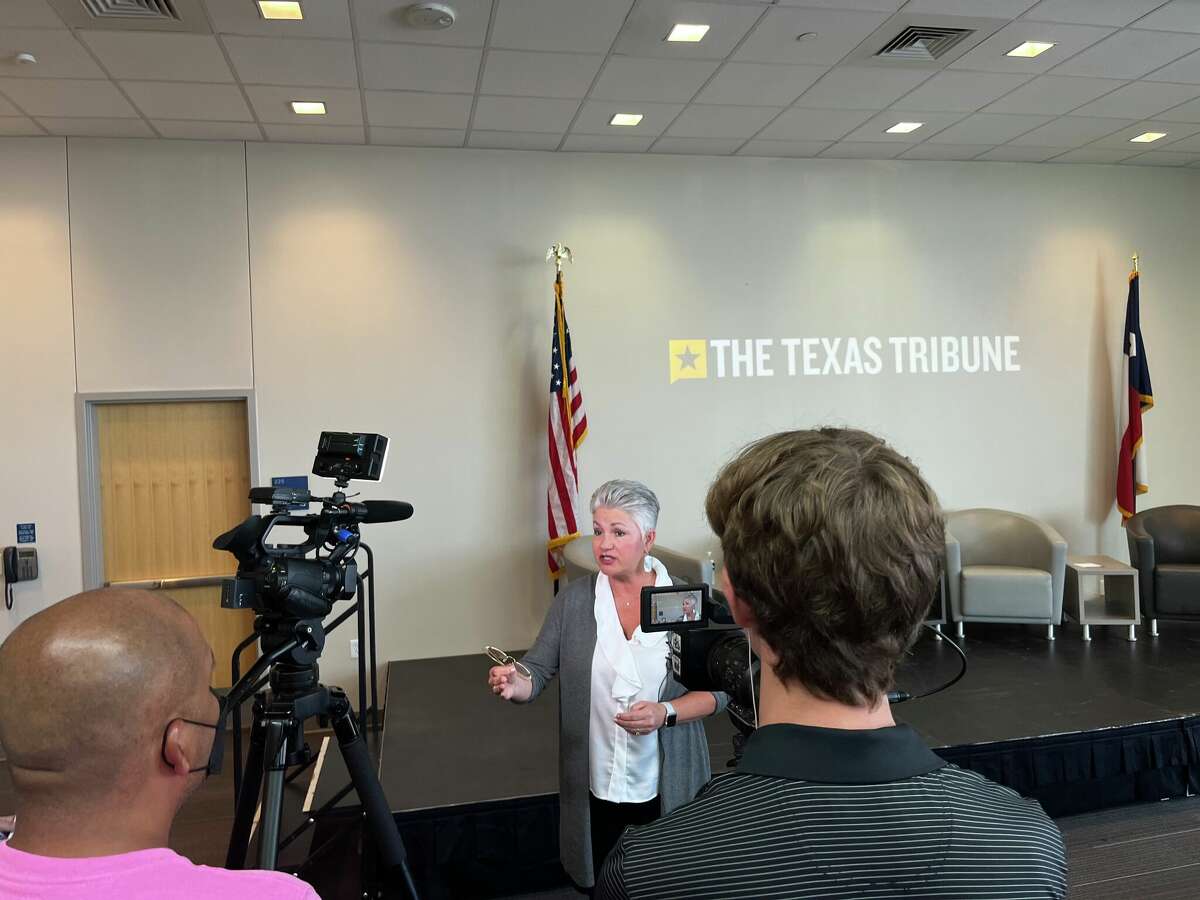 UTPB President Sandra Woodley answers questions after the Texas Tribune forum on higher education. 