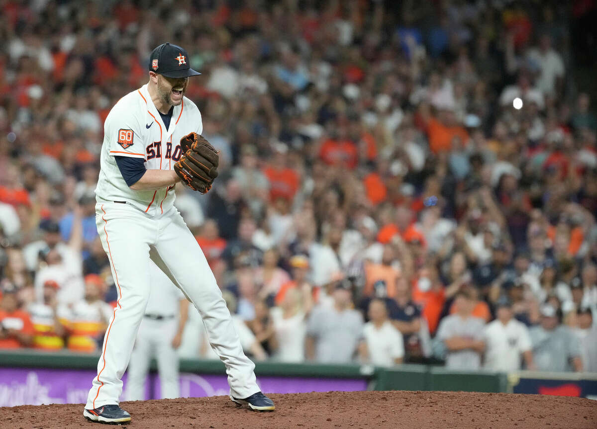 Houston Astros relief pitcher Ryan Pressly (55) reacts after striking out New York Yankees pinch hitter Matt Carpenter to end a MLB game at Minute Maid Park on Thursday, June 30, 2022 in Houston. Astros beat the Yankees 2-1.