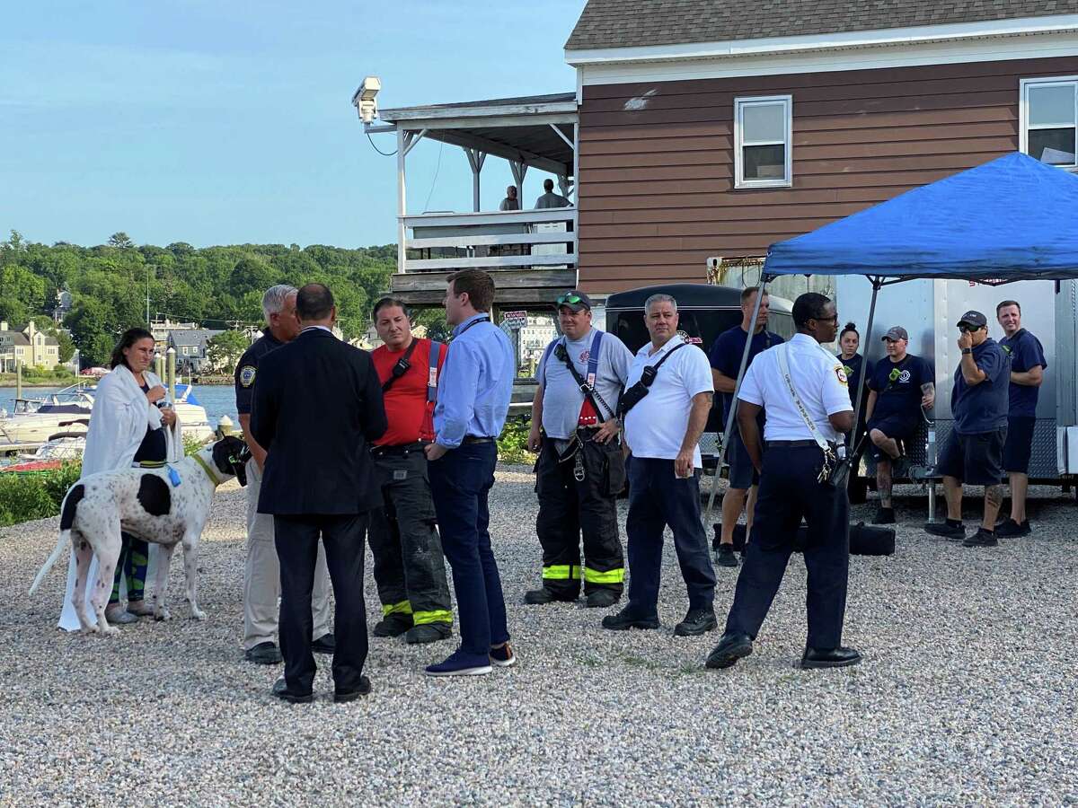 New Haven officials gathered at the Quinnipiac Marina on Front Street in New Haven after a small plane landed safely on the Quinnipiac River. The woman and large dog at left were on the plane with the pilot. There were no injuries.