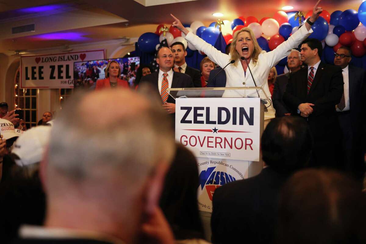 New York Lt. Gov candidate Alison Esposito speaks during NY GOP candidate for governor U.S. Rep. Lee Zeldin, R-Long Island, election night party at the Coral House on June 28, 2022 in Baldwin, New York. Front runner Rep. Lee Zeldin won the GOP Primary for NY Governor over his three primary challengers. Zeldin is one of 139 House Republicans to object to the certification of the 2020 presidential election results after the insurrection at the Capitol Jan. 6, 2021.