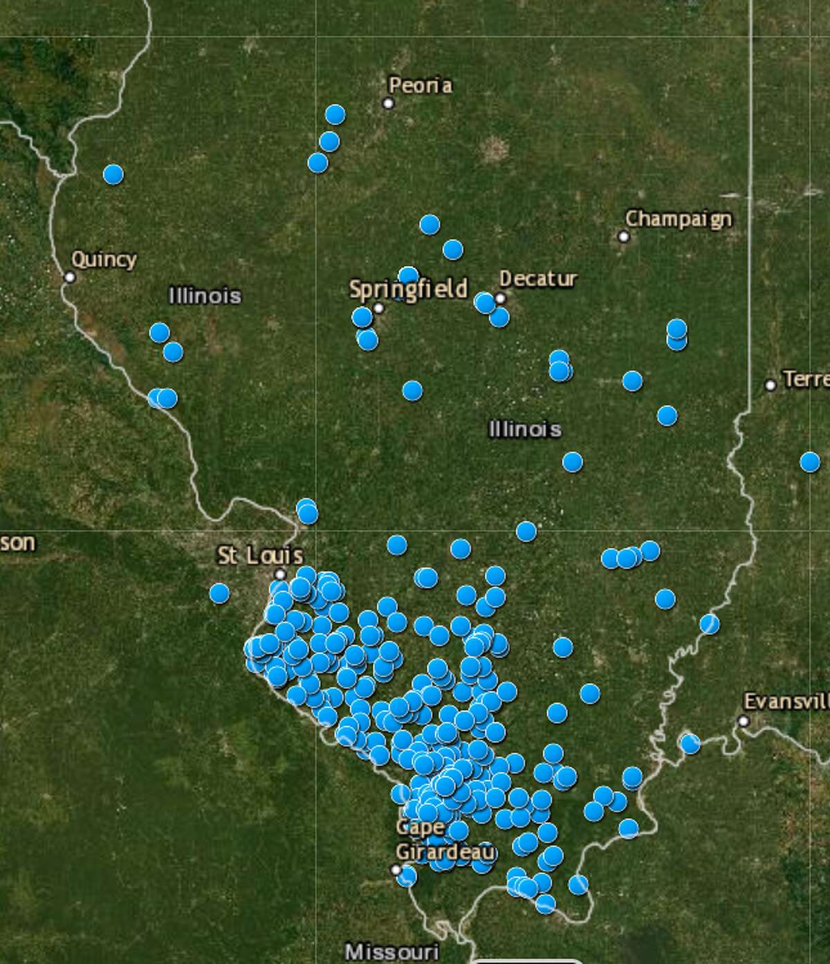 The Illinois Department of Natural Resources is monitoring the expansion of armadillos into central and northern Illinois. The dots on the map represent locations where an armadillo was sighted and reported to the DNR.