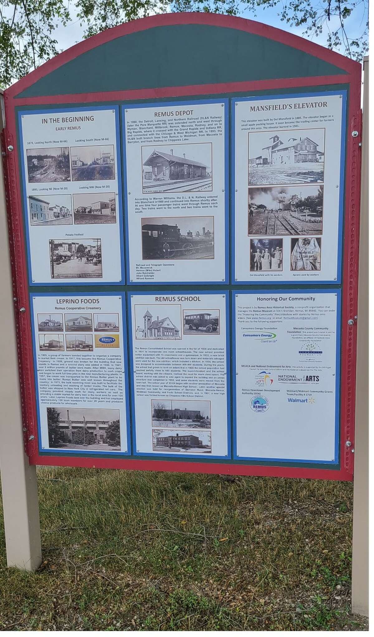 The Remus Museum will present "History and Art" during the 2022 Remus Heritage Days. Historical placards, like these outside the Isabella Bank, created by members of the Remus Historical Society, are on display throughout Remus.