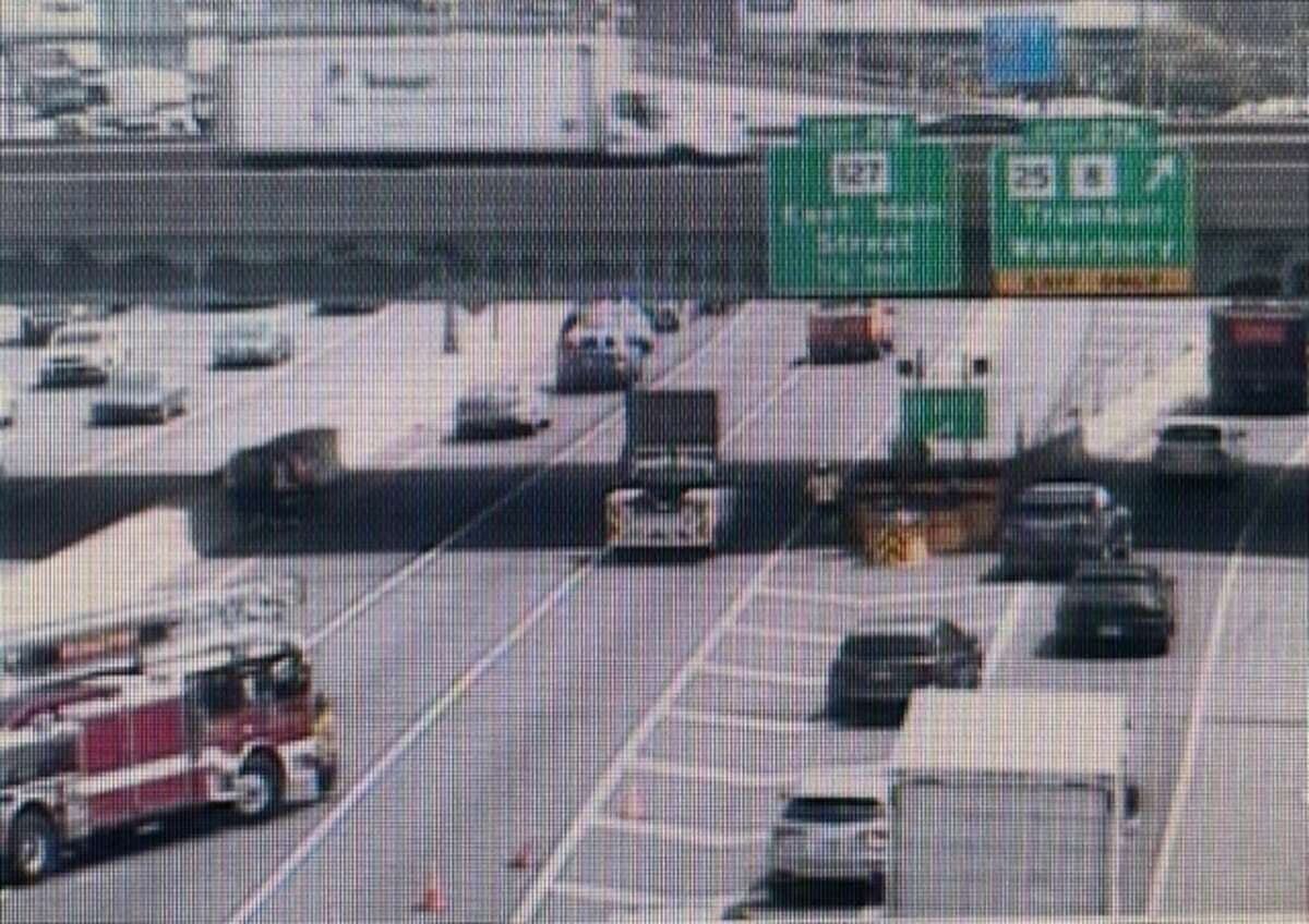 A screenshot of a Connecticut Department of Transportation traffic cam shows the scene of a crash on I-95 in Bridgeport that closed he northbound lanes between exits 27A and 28, according to the DOT. 