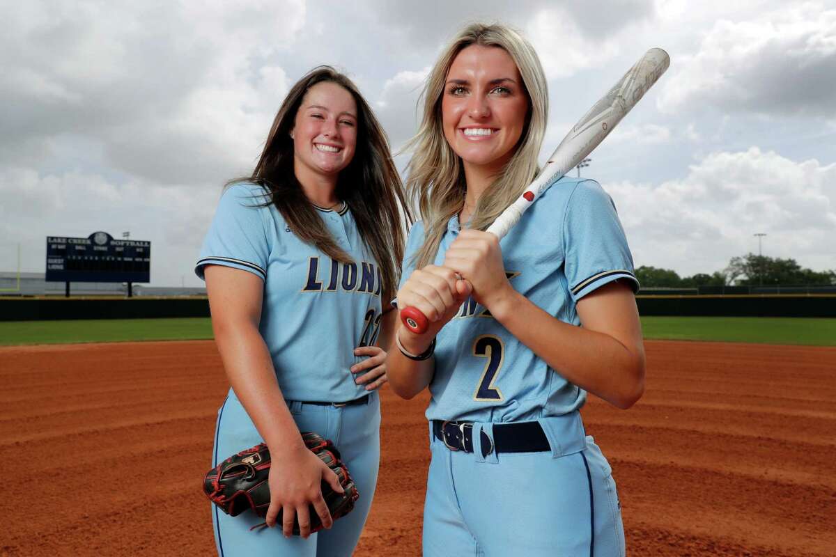 All-Greater Houston pitcher Ava Brown, left, and hitter Maddie McKee, right, of Lake Creek High School at their home field Wednesday, June 15, 2022 in Montgomery, TX.