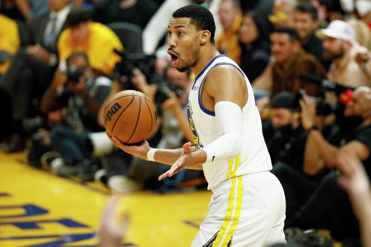 Golden State Warriors forward Otto Porter Jr. (32) reacts to a foul called on him during the second quarter in Game 5 of the NBA Finals against the Boston Celtics at Chase Center, Monday, June 13, 2022, in San Francisco, Calif.
