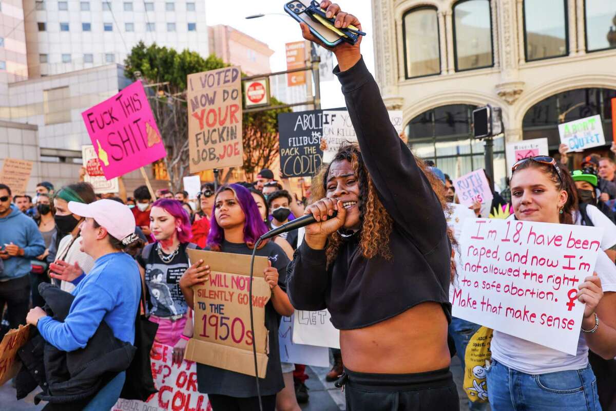 Tye-Leigha Hagood leads a protest on San Francisco’s Market Street after the Supreme Court overturned Roe v. Wade on June 24. The Supreme Court’s decision to repeal the constitutional right to an abortion is the result of a decades-long antiabortion movement.