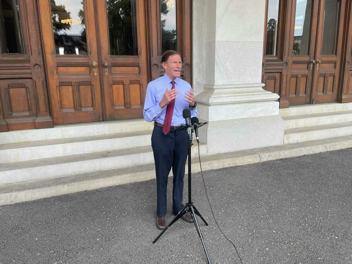 U.S. Sen. Richard Blumenthal calls on the nation's major airlines to offer refunds on flights canceled by mismanagement of staff during a news conference at the state Capitol in Hartford on Friday, July 1, 2022.