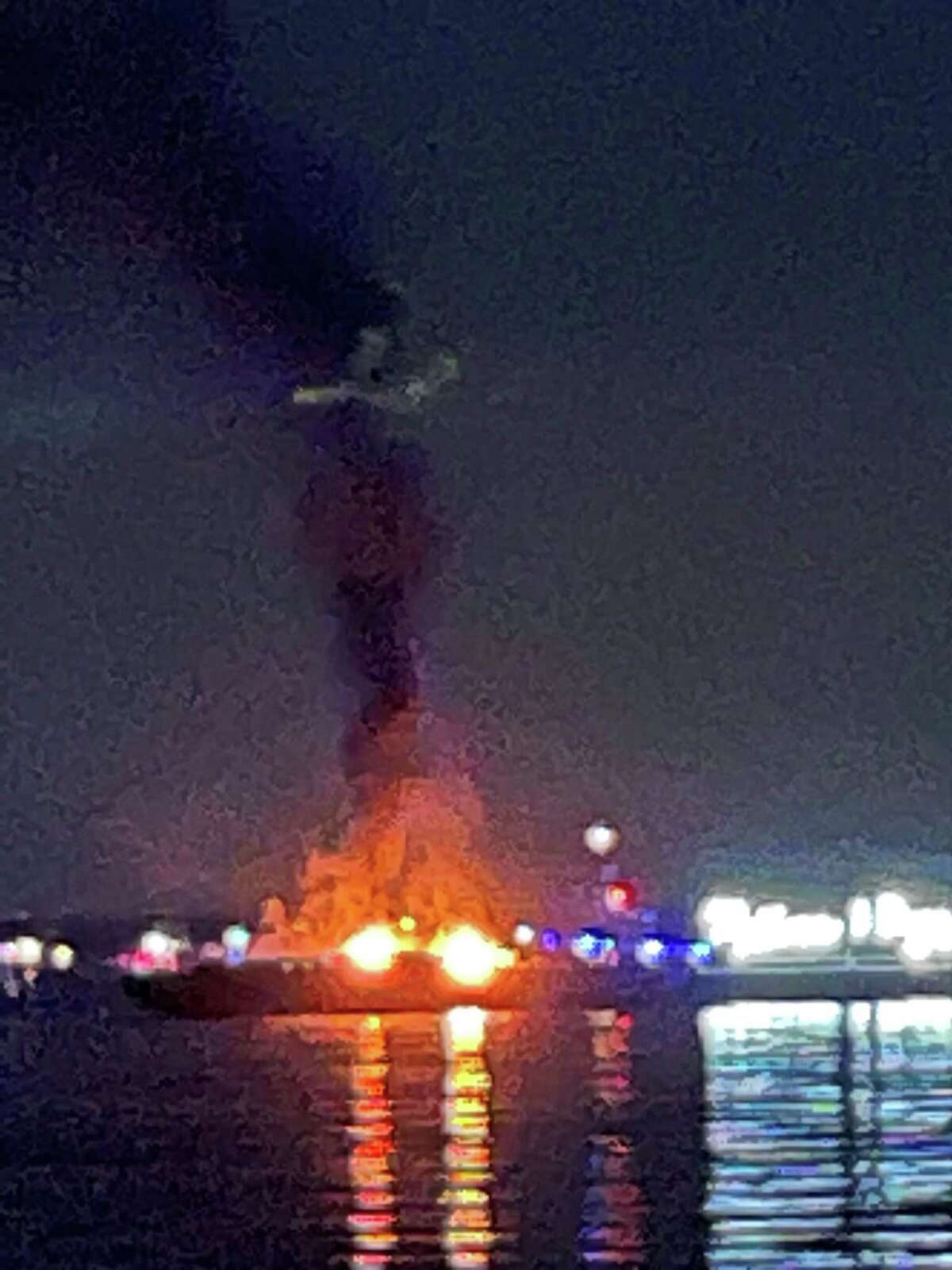 No one was hurt Thursday night when a barge burst into flames at the Westport Police Athletic League’s annual fireworks celebration, the fire chief said.