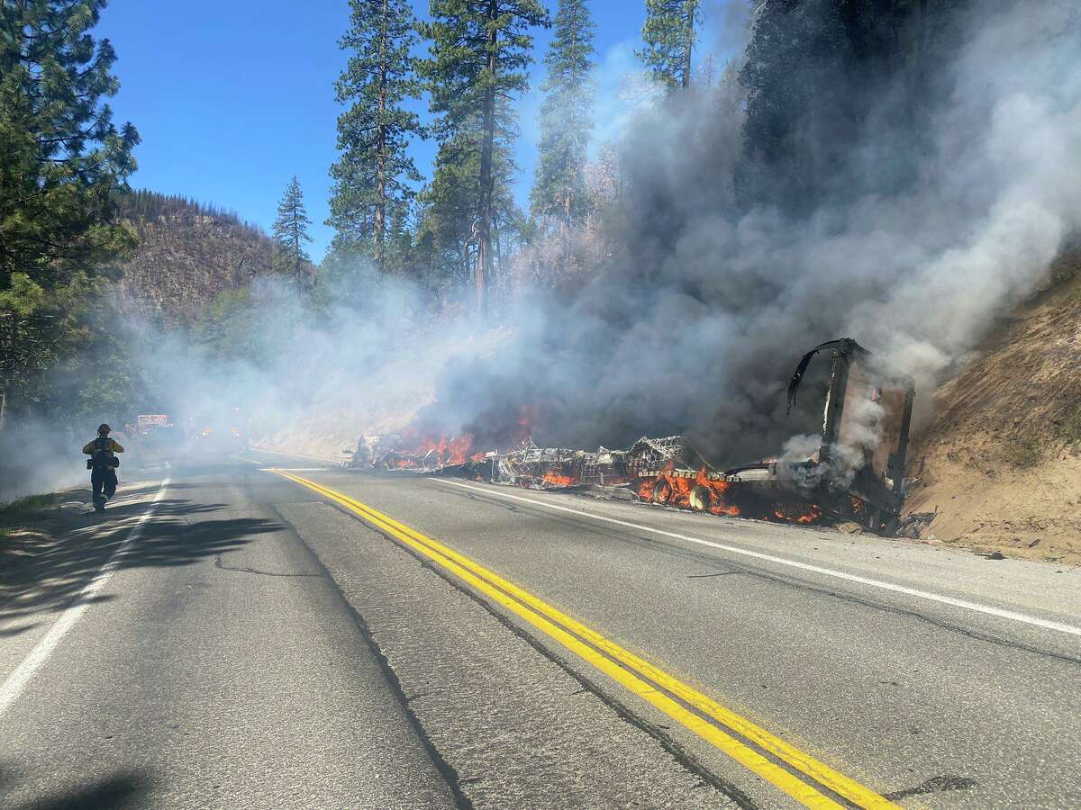 Highway 50 about 45 minutes from South Lake Tahoe was closed in both directions Friday afternoon after a big rig caught fire, according to California Highway Patrol.
