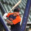 Houston Astros newly brought up Korey Lee takes batting practice before the start of an MLB game at Minute Maid Park on Friday, July 1, 2022 in Houston.