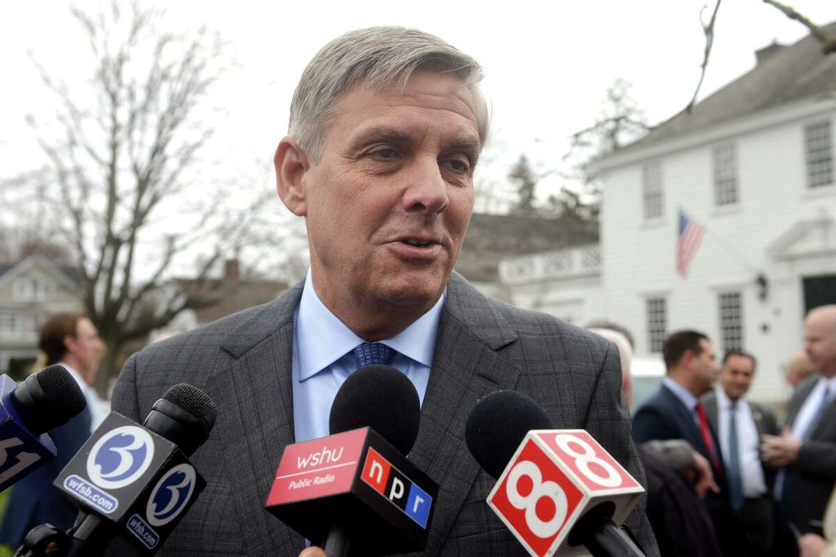 Bob Stefanowski, Republican candidate for Governor, answers questions following a news conference in front of Old Town Hall, in Fairfield, Conn. April 5, 2022. Stefanowski has made inflation a central theme to his campaign, though economists say that governors have little control over rising costs.